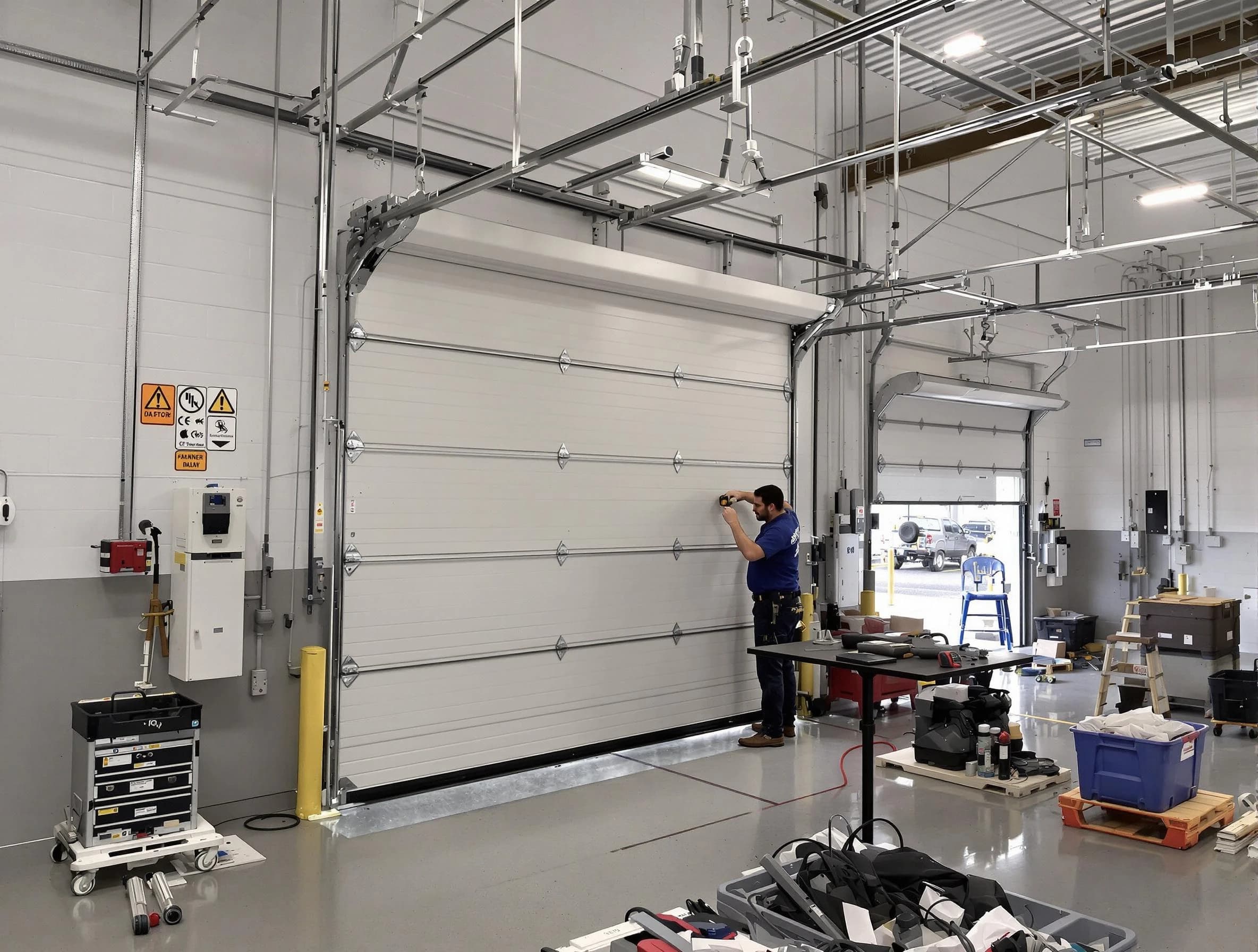 Commercial garage door repair being performed by Woodbridge Garage Door Repair expert in Woodbridge