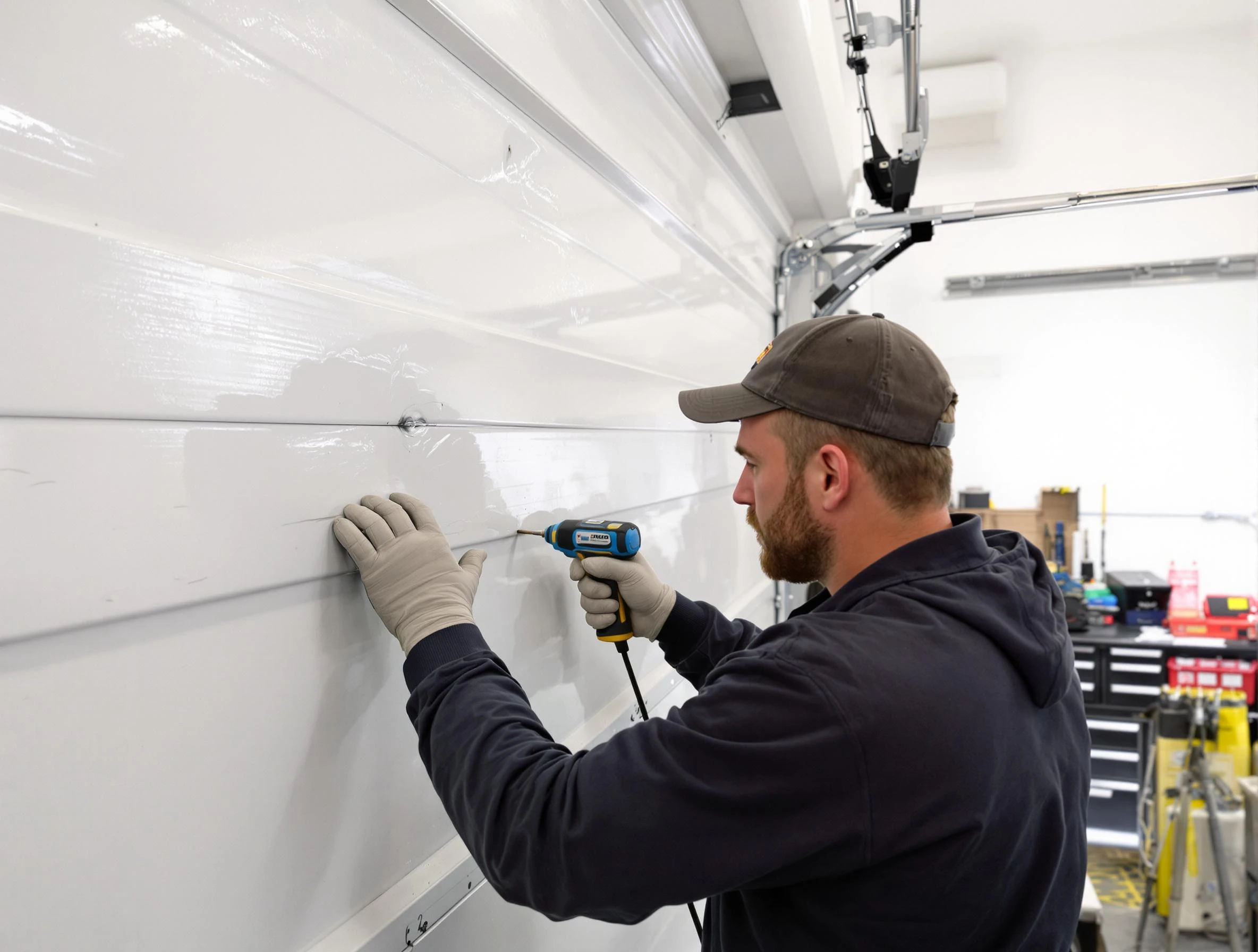 Woodbridge Garage Door Repair technician demonstrating precision dent removal techniques on a Woodbridge garage door