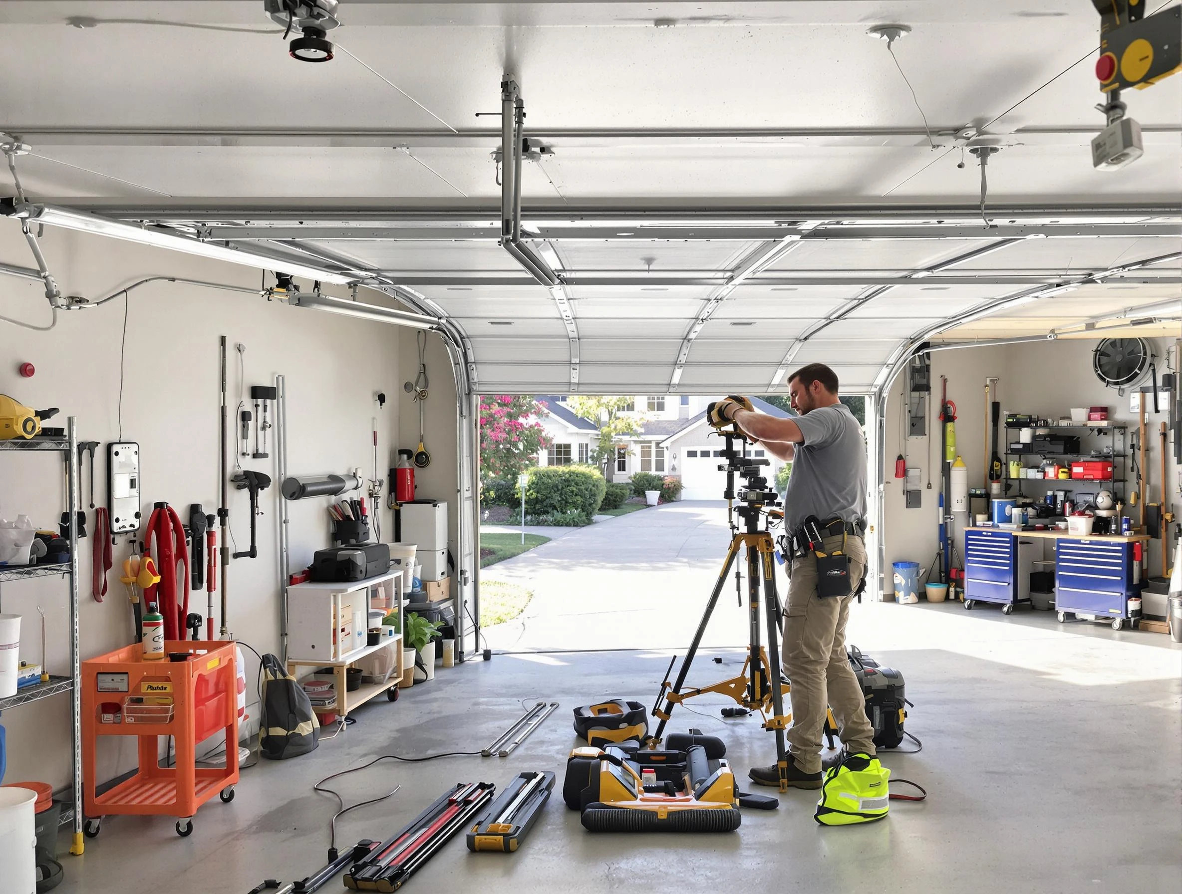 Woodbridge Garage Door Repair specialist performing laser-guided track alignment in Woodbridge